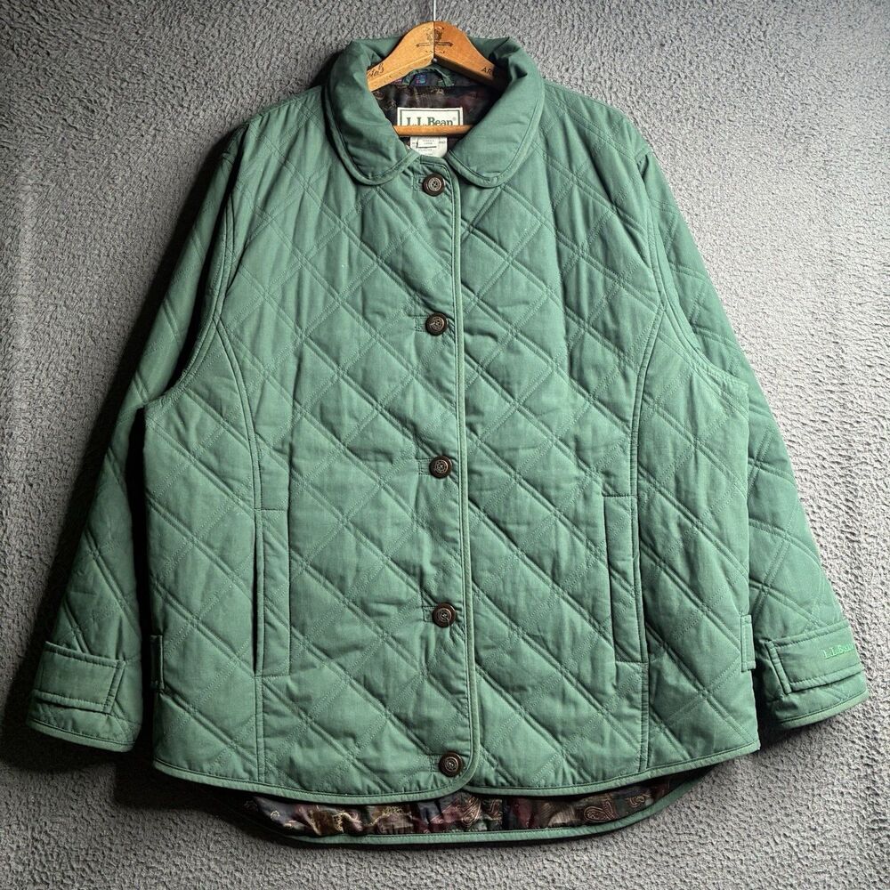 L.L. Bean Diamond Quilted Chore Jacket Coat Green Women's Large Vintage - Picture 2 of 14